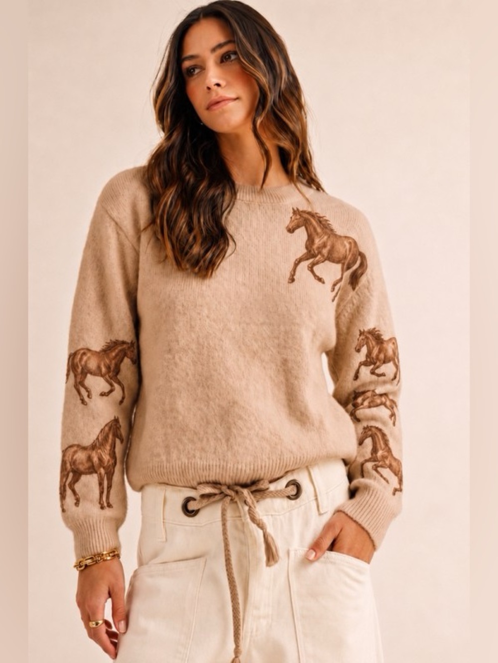 Brown horse embroidered knit western boho bubble sleeve sweater pullover top - Picture 2 of 2